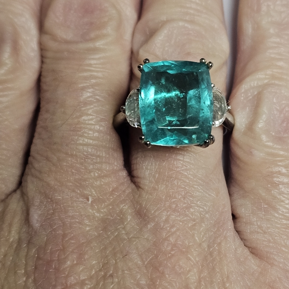 Genuine Emeraldine Quartz & White Topaz Ring Platinum over Sterling Silv… - Picture 6 of 7